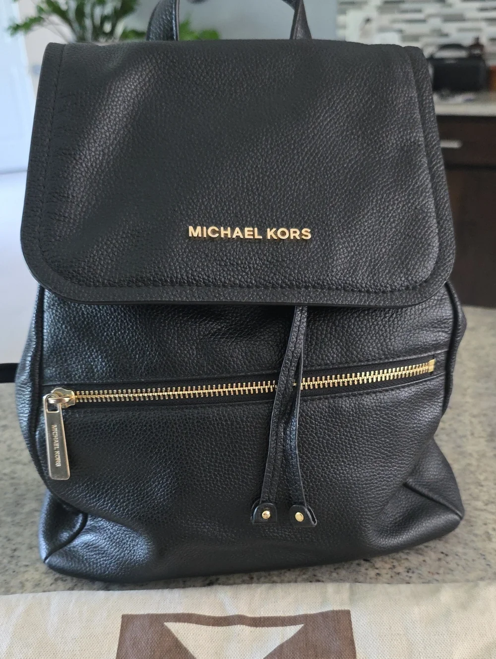 Michael Kors Black Pebble Leather Backpack with Gold Hardware